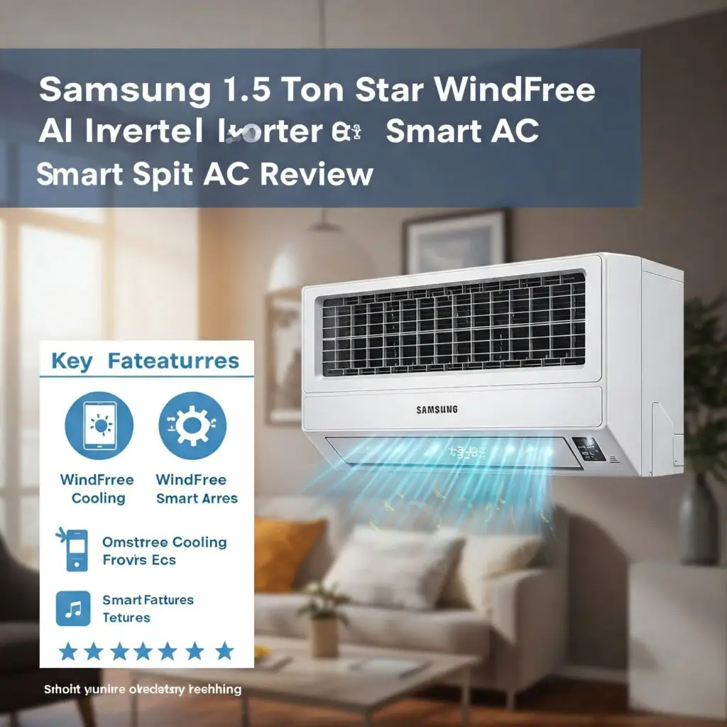 A Samsung 1.5 Ton WindFree AI Inverter Smart AC mounted on a wall, emitting cool air. The image includes a feature list with icons and text, though some words appear misspelled.