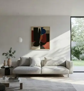 A living room interior with a minimalist aesthetic, featuring a statement armchair and a large window