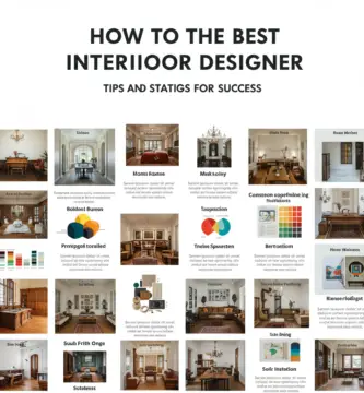 A visually engaging infographic titled "How to Be the Best Interior Designer," featuring various interior design tips, color palettes, room layouts, and statistical charts. The image contains multiple sections with images of elegant interiors, color theory, and furniture arrangements.